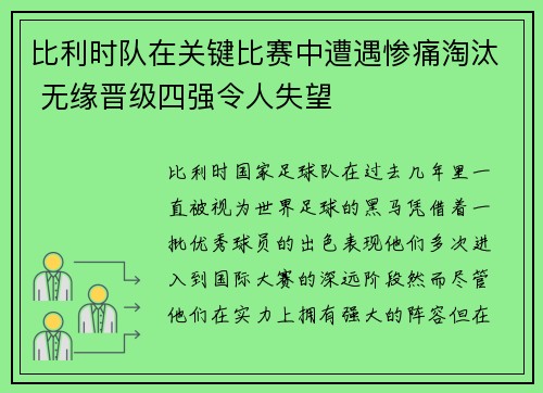 比利时队在关键比赛中遭遇惨痛淘汰 无缘晋级四强令人失望